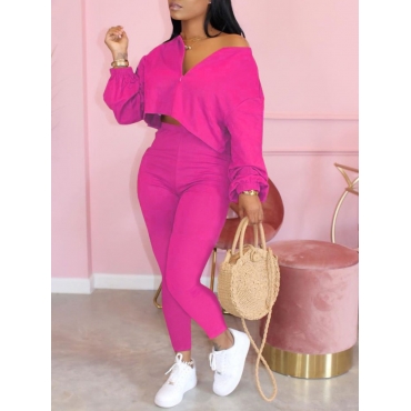 

LW Casual Zipper Design Rose Red Two Piece Pants Set