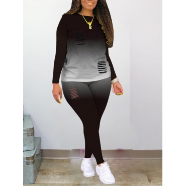 

LW Plus Size Casual O Neck Hollow-out Black Two-piece Pants Set
