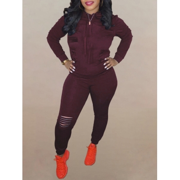 

LW Hooded Collar Zipper Design Cut Out Tracksuit Pants, Brown