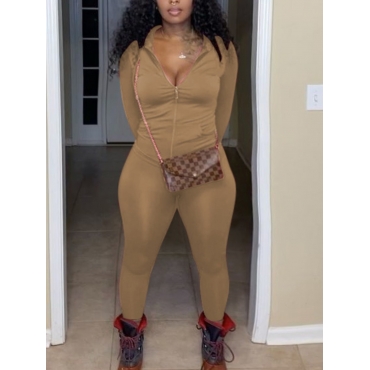 

LW Turndown Collar Zipper Design Tracksuit Set, Brown