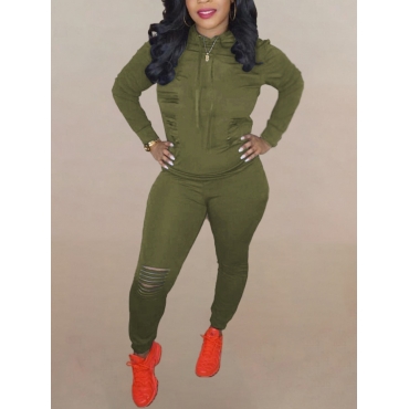 

LW Hooded Collar Zipper Design Cut Out Tracksuit Pants, Army green