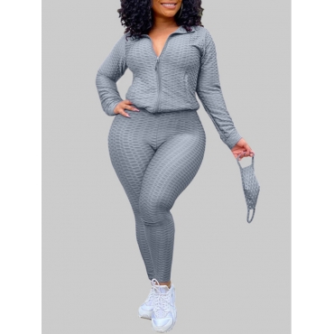 

LW Plus Size Casual Turndown Collar Zipper Design Grey Two-piece Pants Set