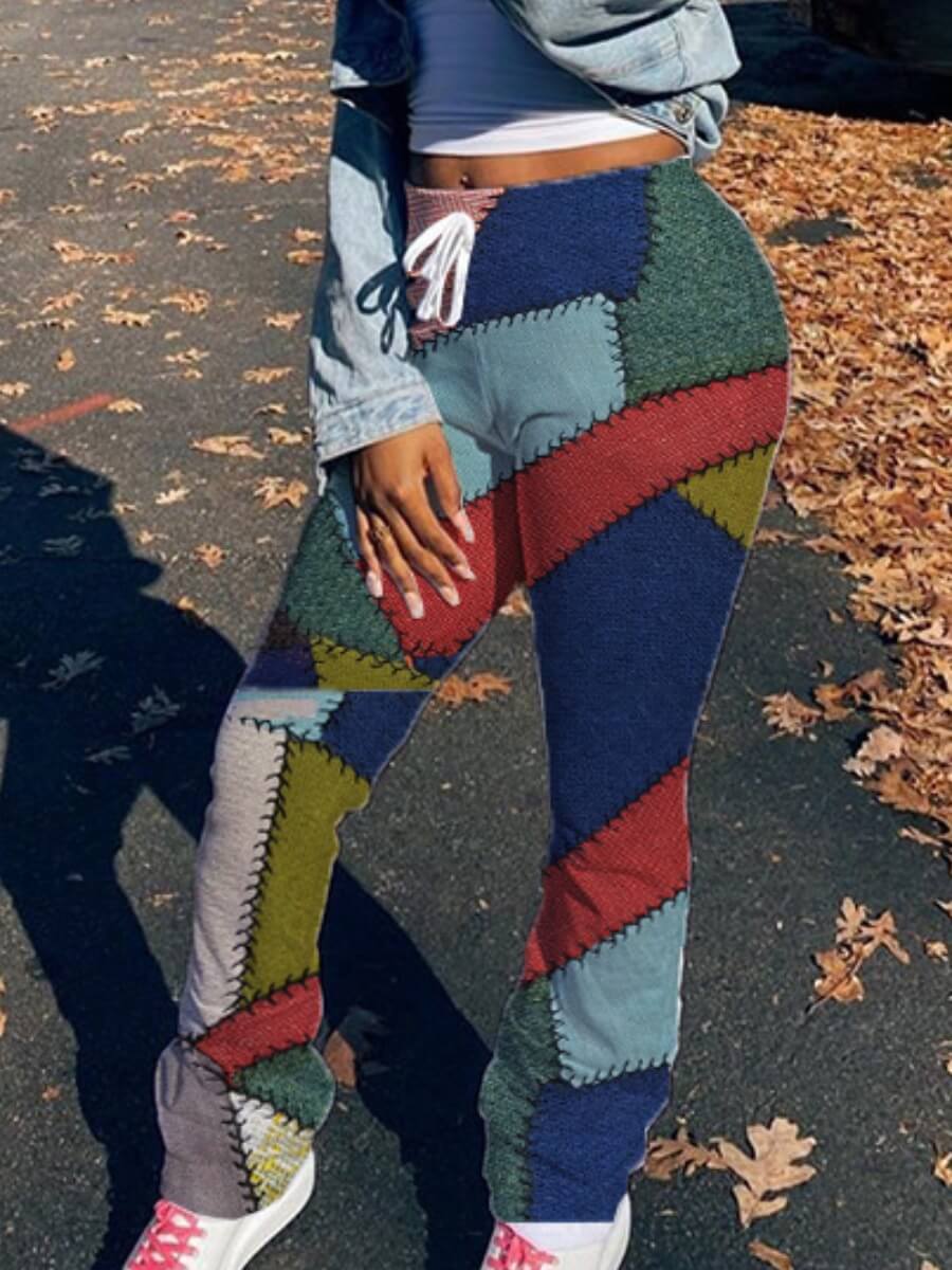 

Lovely Street Color-lump Patchwork Red Pants