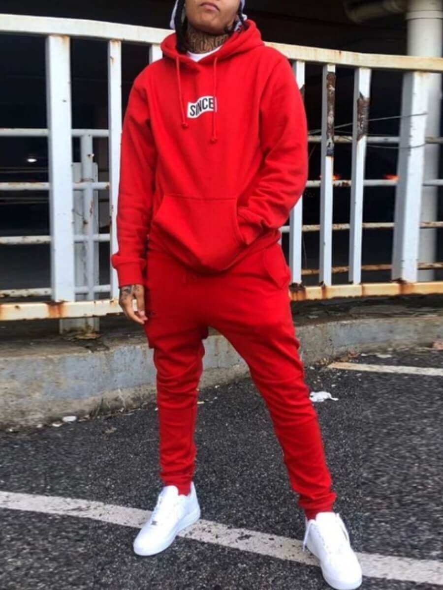 

Lovely Casual Hooded Collar Letter Print Red Men Two-piece Pants Set