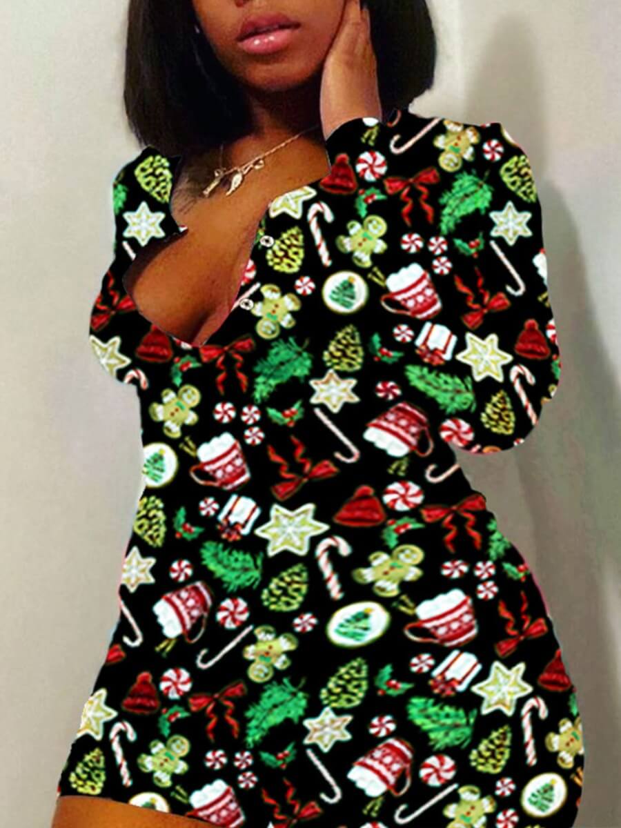 

Lovely Casual Christmas Day Print Black Plus Size One-piece Romper