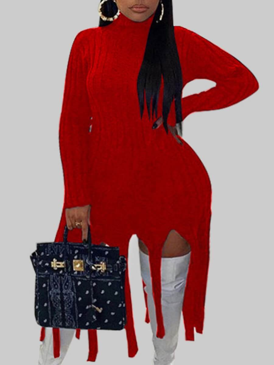 

Lovely Casual Turtleneck Tassel Design Red Knee Length Plus Size Dress