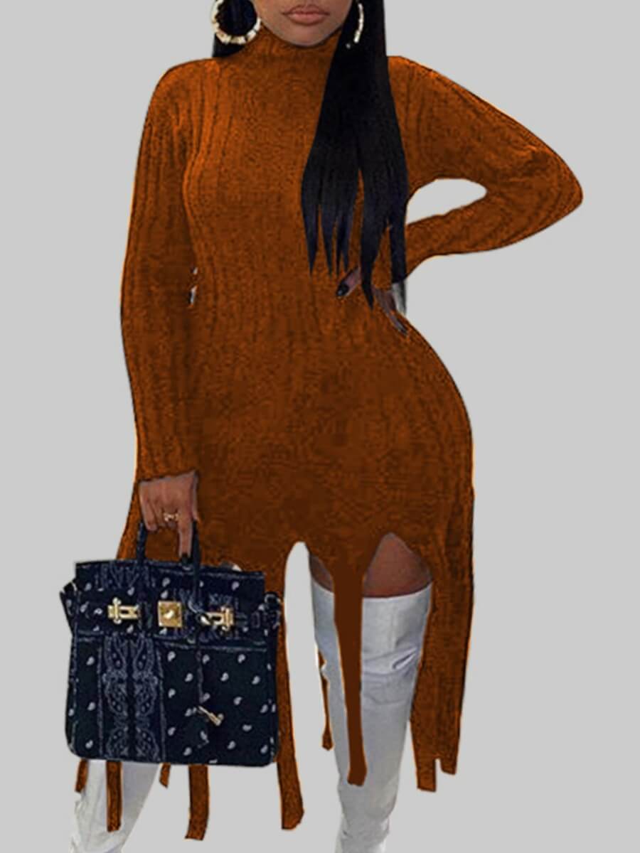 

Lovely Plus Size Casual Turtleneck Tassel Design Khaki Knee Length Dress