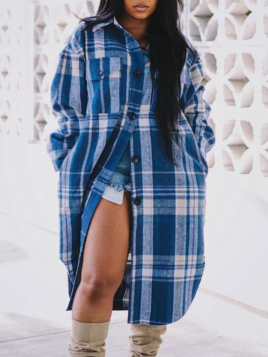 

Lovely Street Turndown Collar Grid Print Blue Plus Size Coat