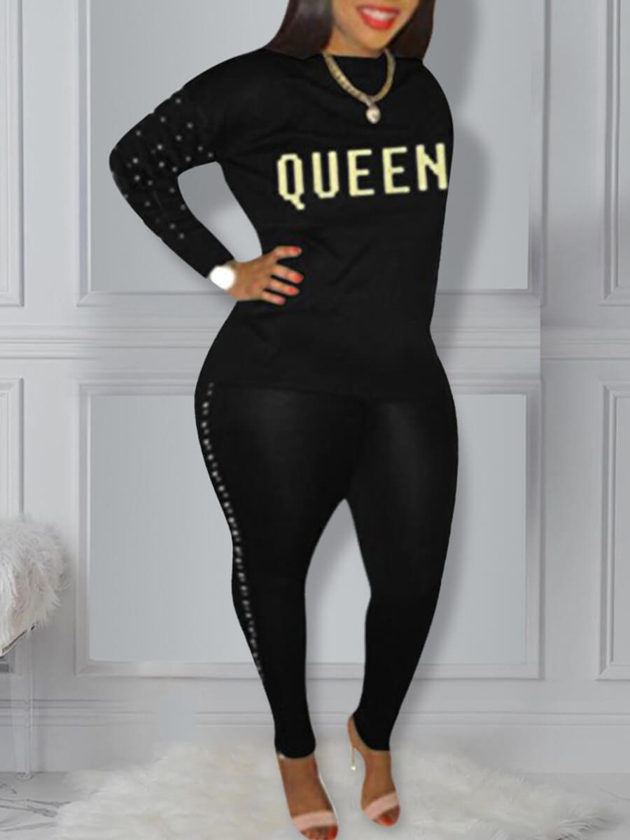 

Lovely Sportswear O Neck Letter Print Black Plus Size Two-piece Pants Set