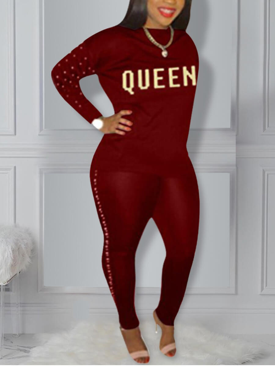 

Lovely Sportswear O Neck Letter Print Wine Red Plus Size Two-piece Pants Set