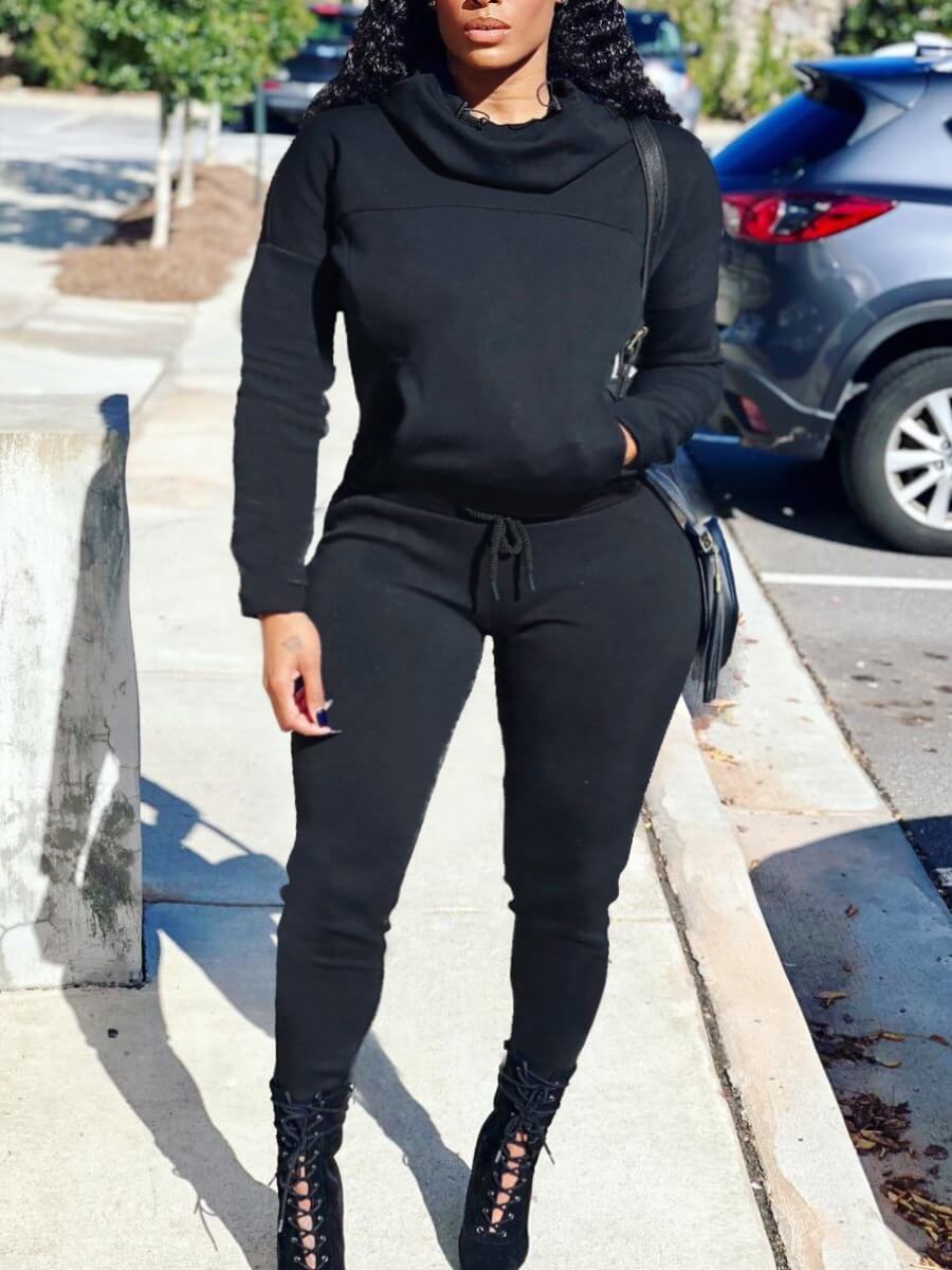 

Lovely Casual Turtleneck Kangaroo Pocket Black Two Piece Pants Set