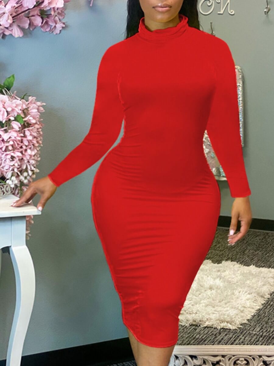 

Lovely Casual Turtleneck Tassel Design Red Knee Length Plus Size Dress