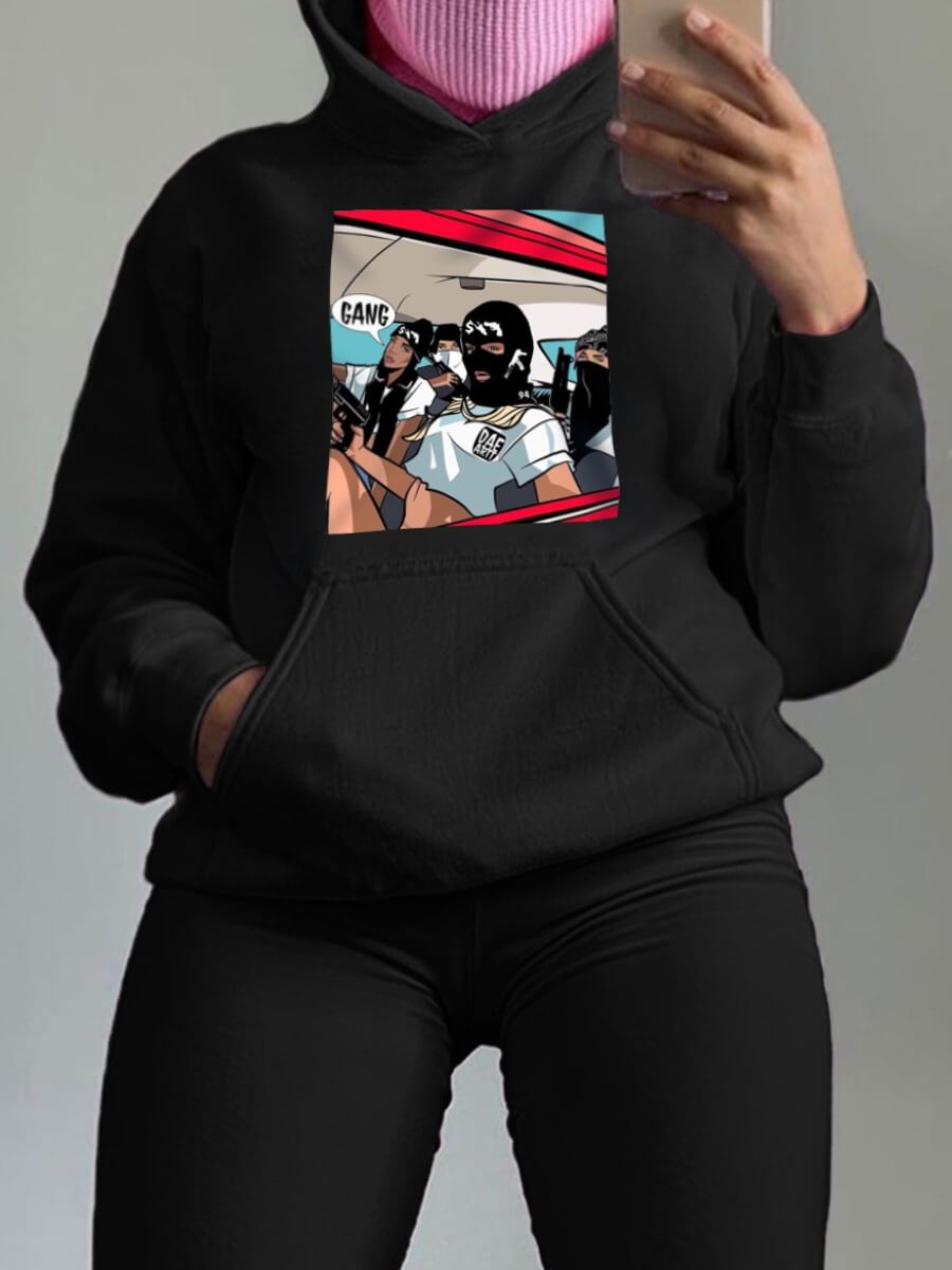 

Lovely Casual Hooded Collar Print Black Hoodie