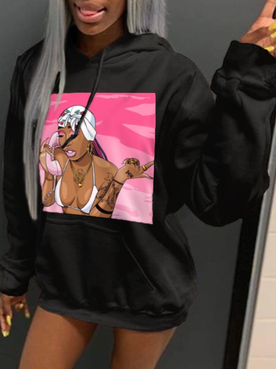 

Lovely Casual Hooded Collar Print Black Hoodie