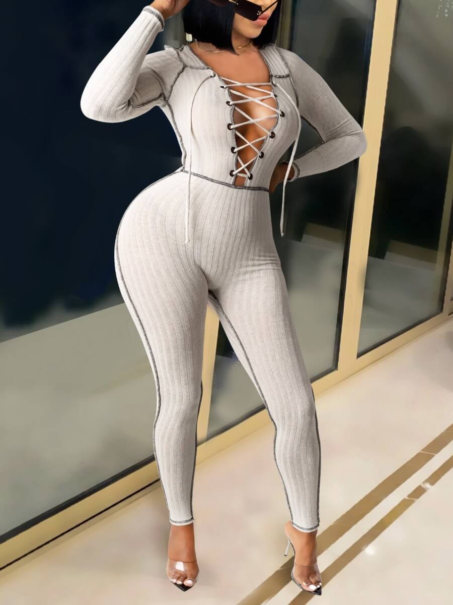 

Lovely Daily Cross Strap Long Sleeve Skinny Grey One-piece Jumpsuit