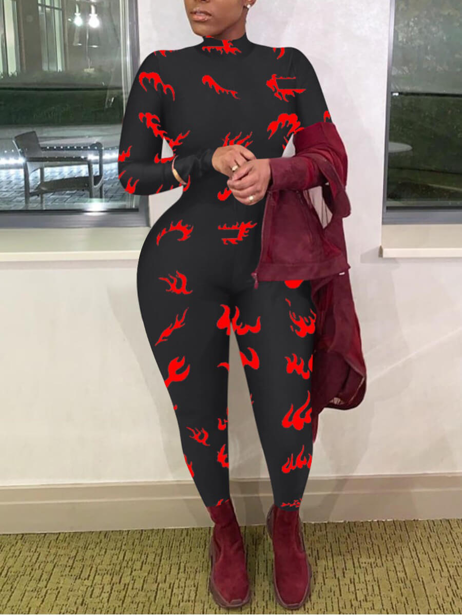 

Lovely Casual Turtleneck Print Black One-piece Jumpsuit