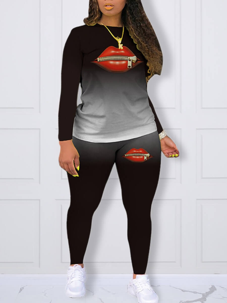 

Lovely Sportswear O Neck Lip Print Black Plus Size Two-piece Pants Set