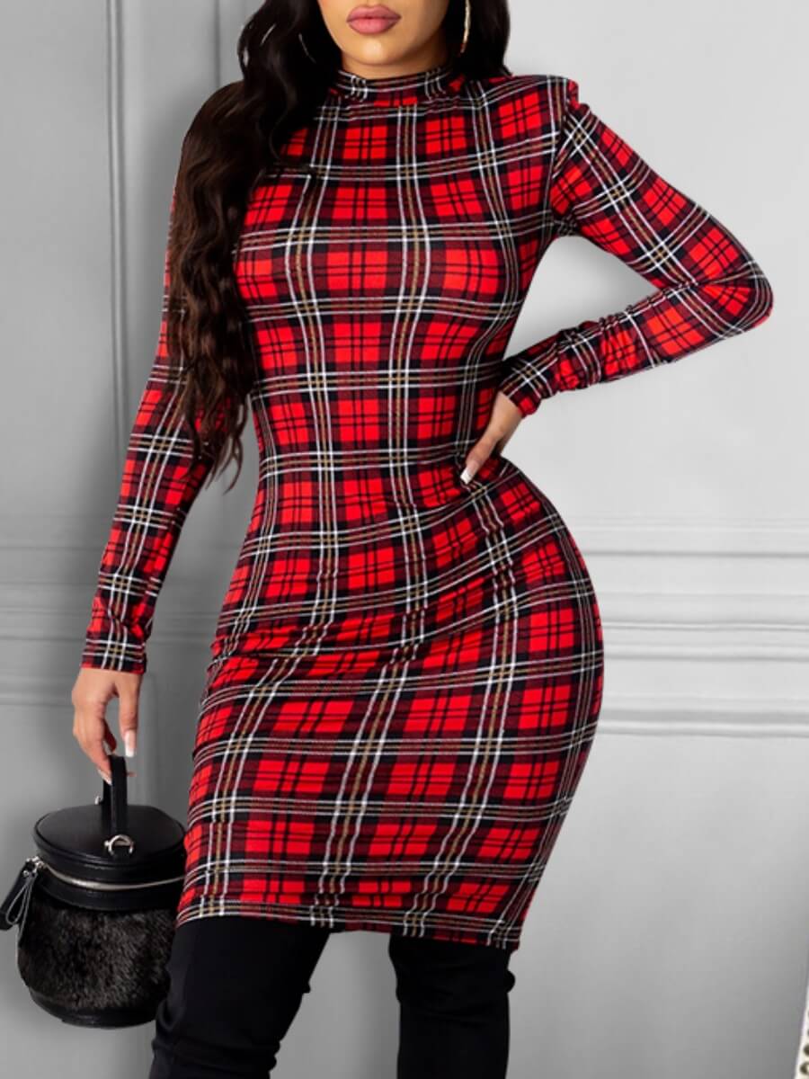 Lovely Casual Half A Turtleneck Plaid Red And Black Check Knee Length Dress от Lovelywholesale WW