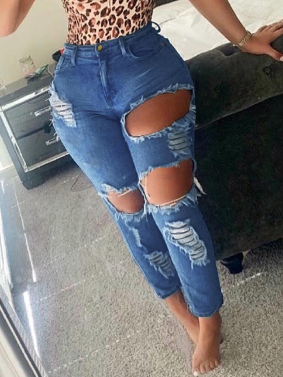 

Lovely Casual Hollow-out Deep Blue Plus Size Jeans