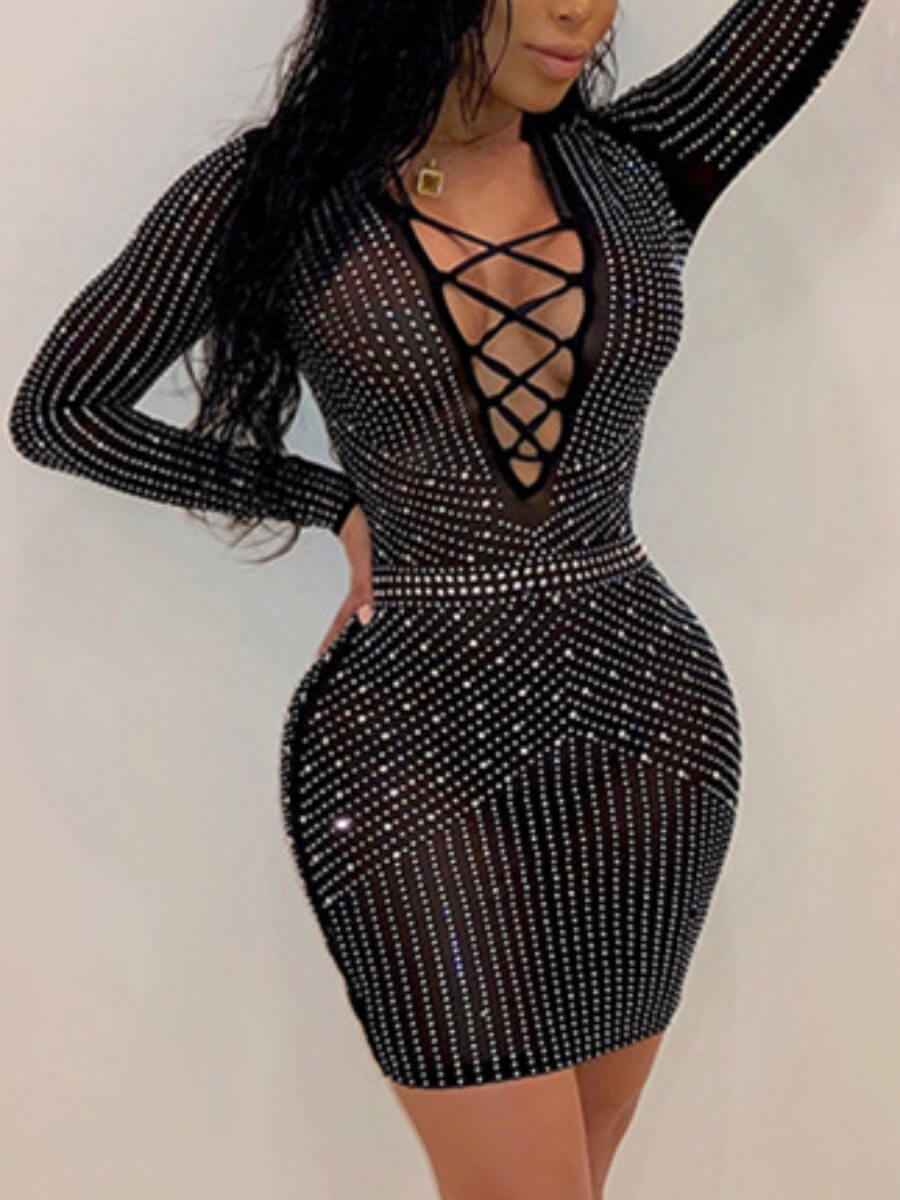 

Lovely Sexy V Neck Hot Drilling Decorative Black Mini Dress