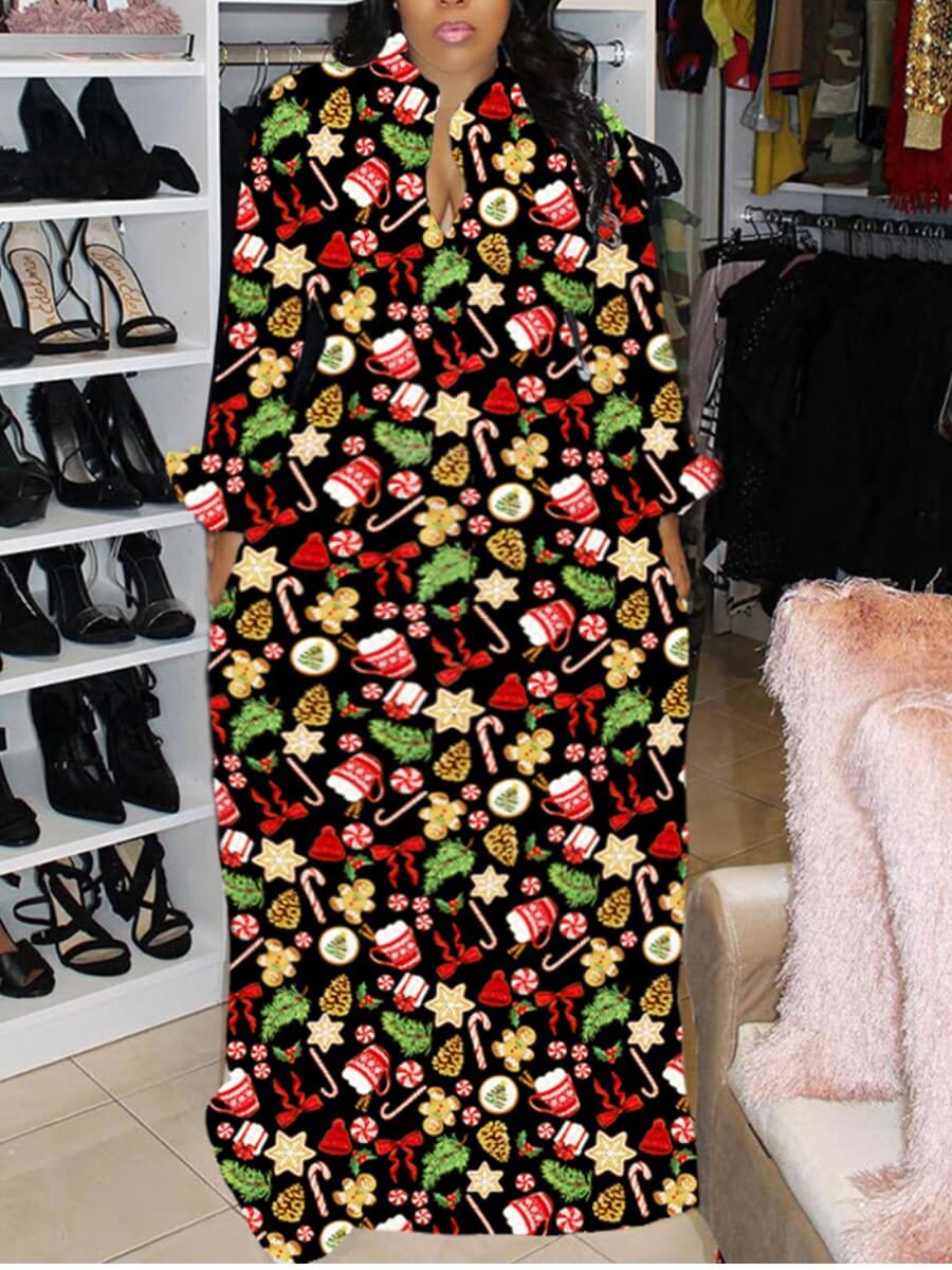 

Lovely Trendy Turndown Collar Print Black Maxi Plus Size Dress