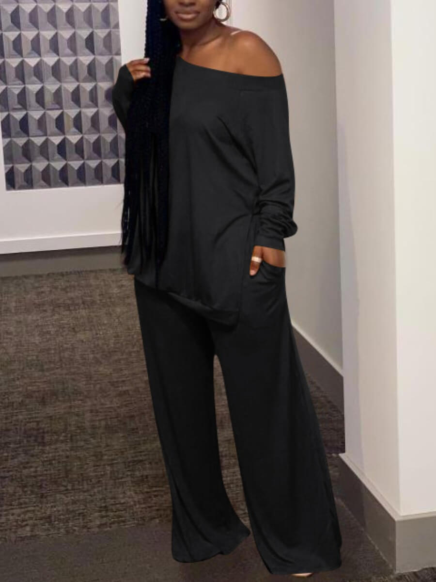 

Lovely Casual Long Sleeve One Shoulder Black Two Piece Pants Set