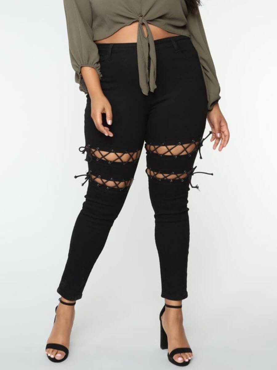 

Lovely Street Bandage Design Black Plus Size Jeans