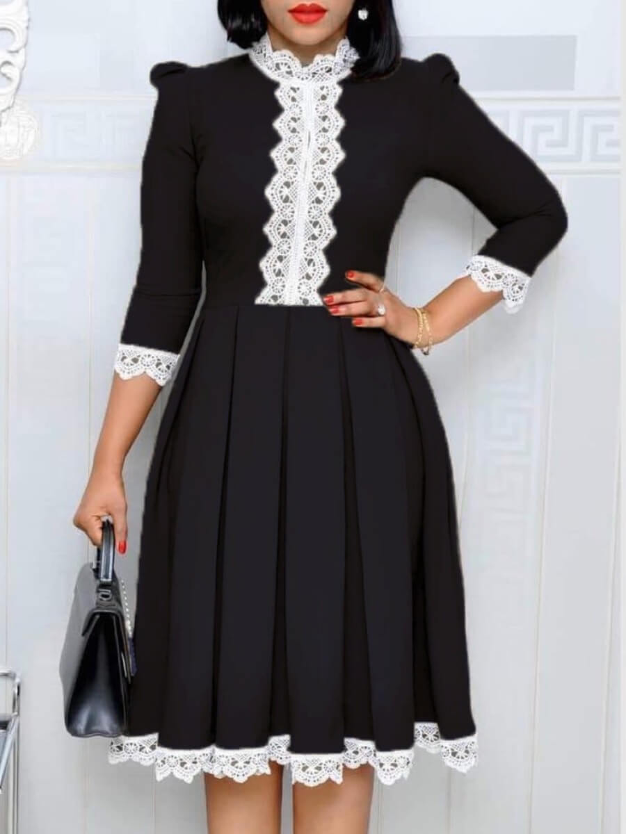 

Lovely Sweet Lace Patchwork Black Knee Length Dress