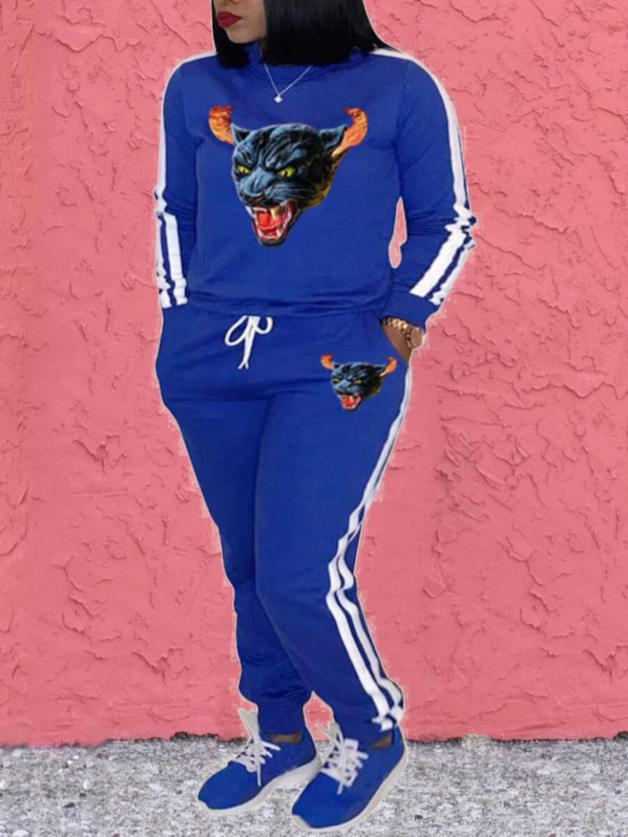 

Lovely Sportswear O Neck Print Patchwork Blue Two Piece Pants Set