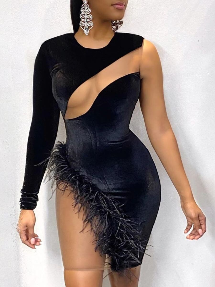 

Lovely Sexy One Shoulder Patchwork Black Mini Dress