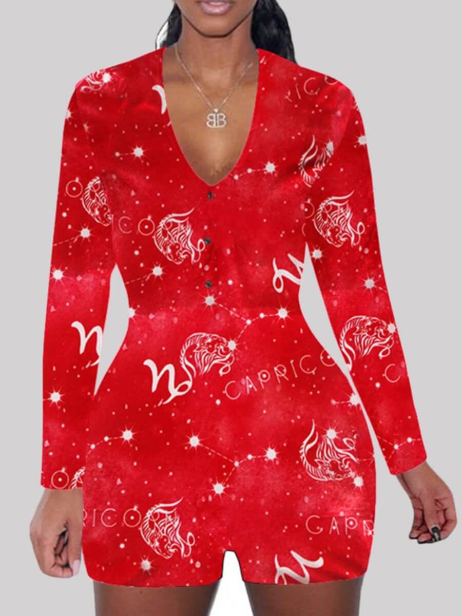 

Lovely V Neck Skinny Print Red Sleepwear