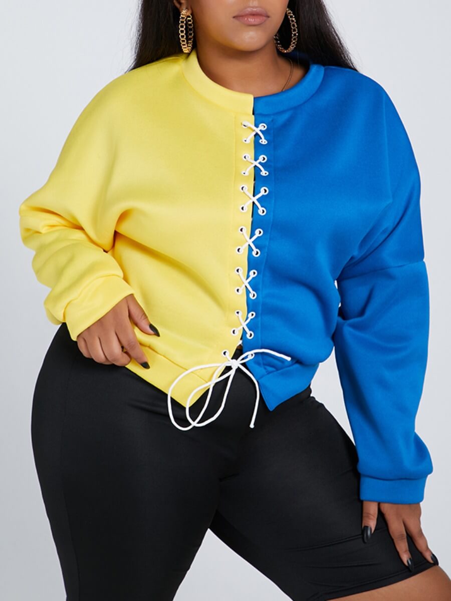 

Lovely Casual O Neck Bandage Design Patchwork Yellow Plus Size Hoodie