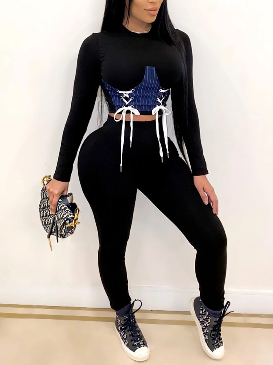 

Lovely Casual O Neck Patchwork Lace-up Black Two Piece Pants Set