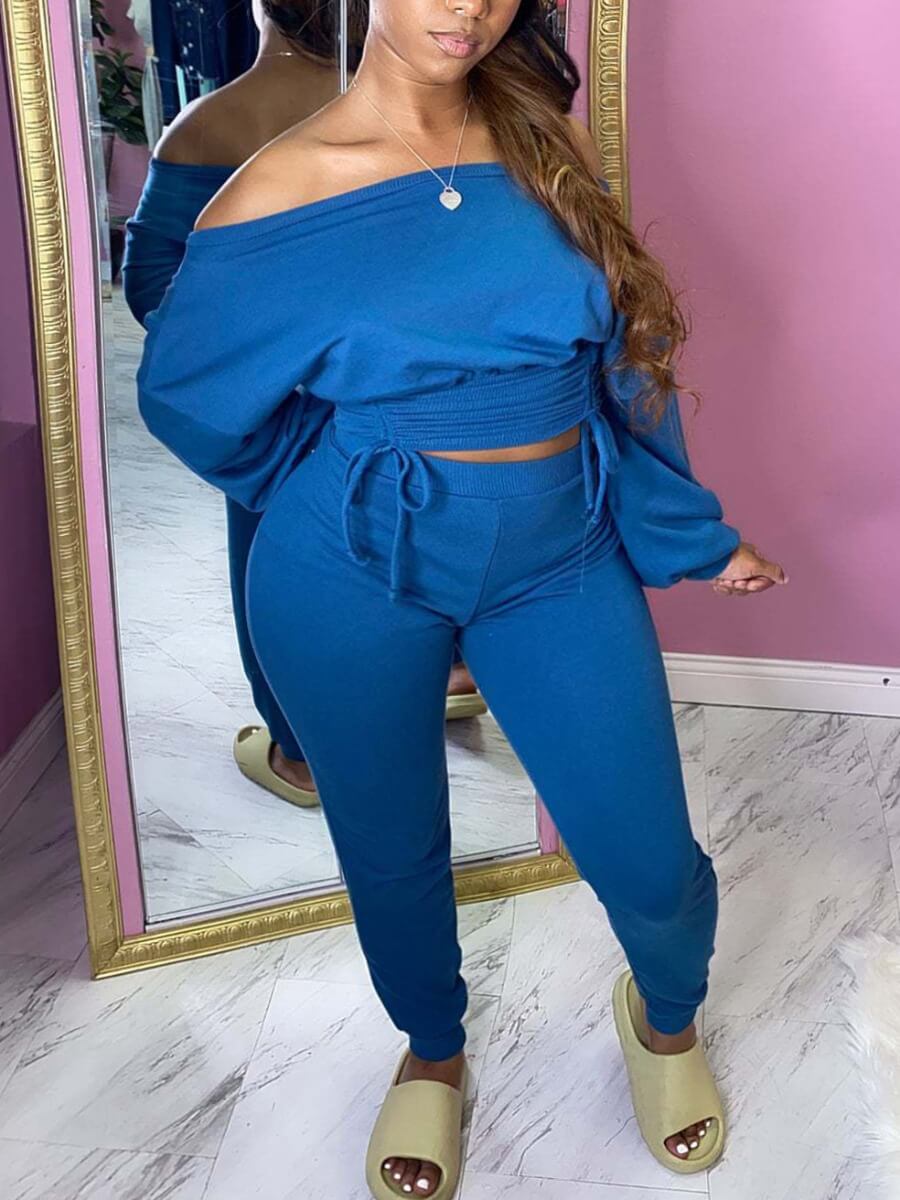 

Lovely Casual Dropped Shoulder Drawstring Design Blue Two Piece Pants Set