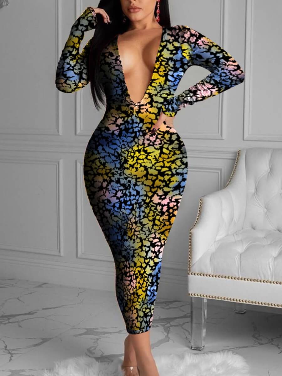 

Lovely Casual Deep V Neck Full Print Multicolor Mid Calf Dress, Multi