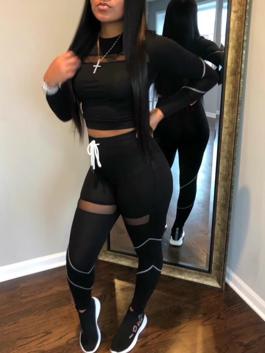 

Lovely Sportswear O Neck See-through Black Two Piece Pants Set