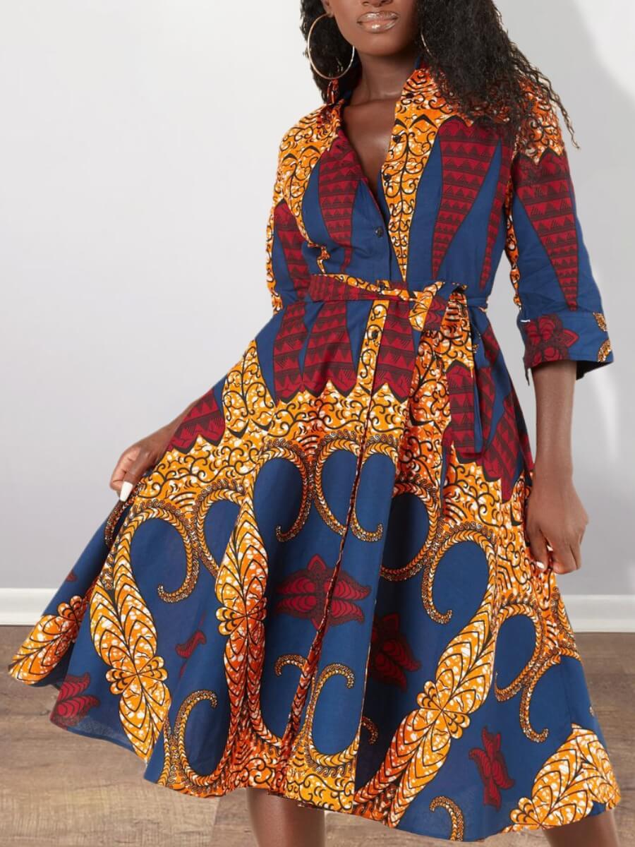 

Lovely Stylish Turndown Collar Print Yellow Knee Length Dress