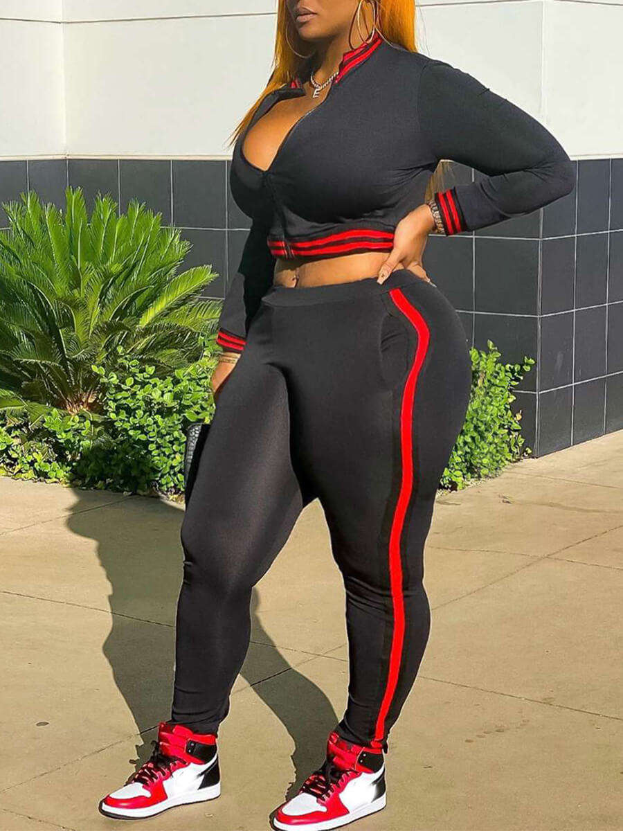 

Lovely Sportswear Conventional Collar Patchwork Black Plus Size Two-piece Pants Set