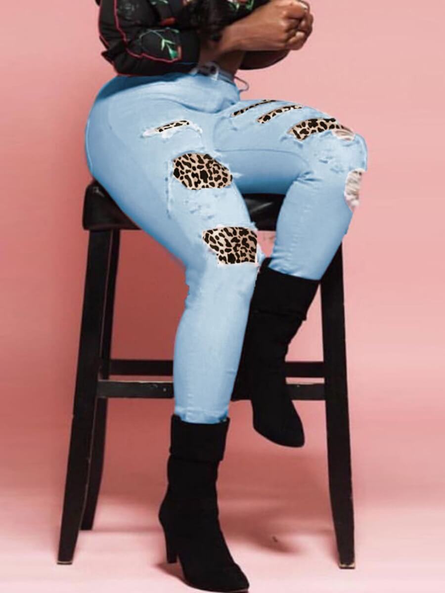 

Lovely Street Leopard Print Patchwork Blue Jeans