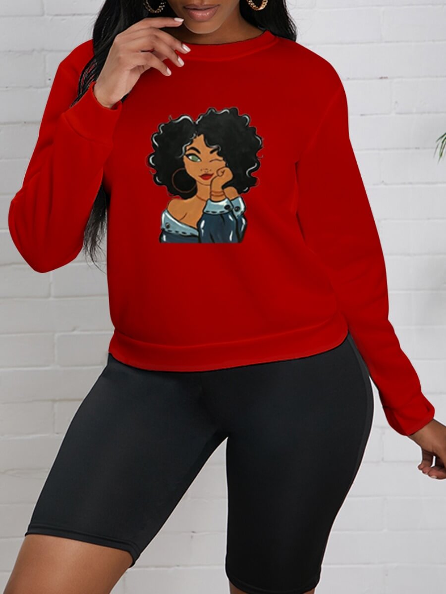 

Lovely Casual O Neck Print Loose Red Hoodie