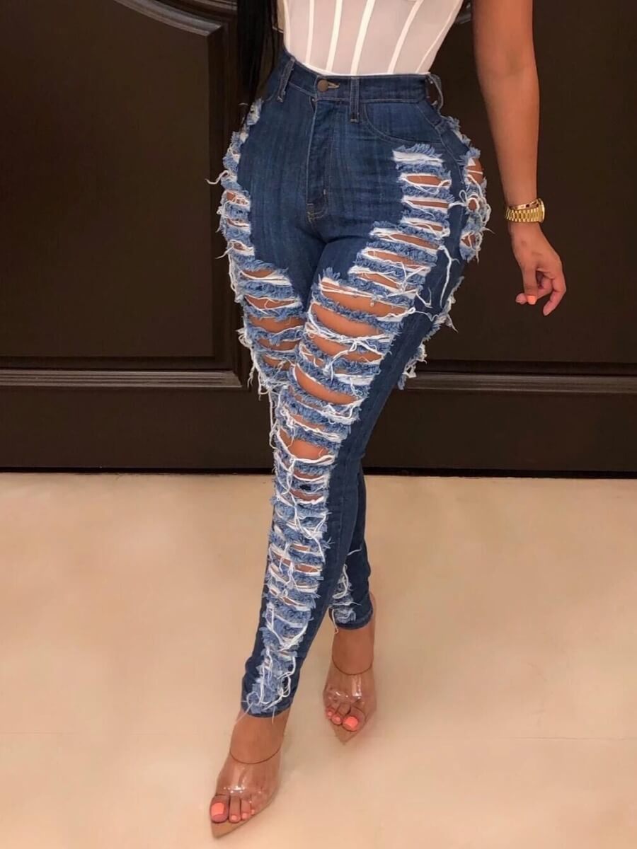 

Lovely Street Broken Holes Deep Blue Jeans