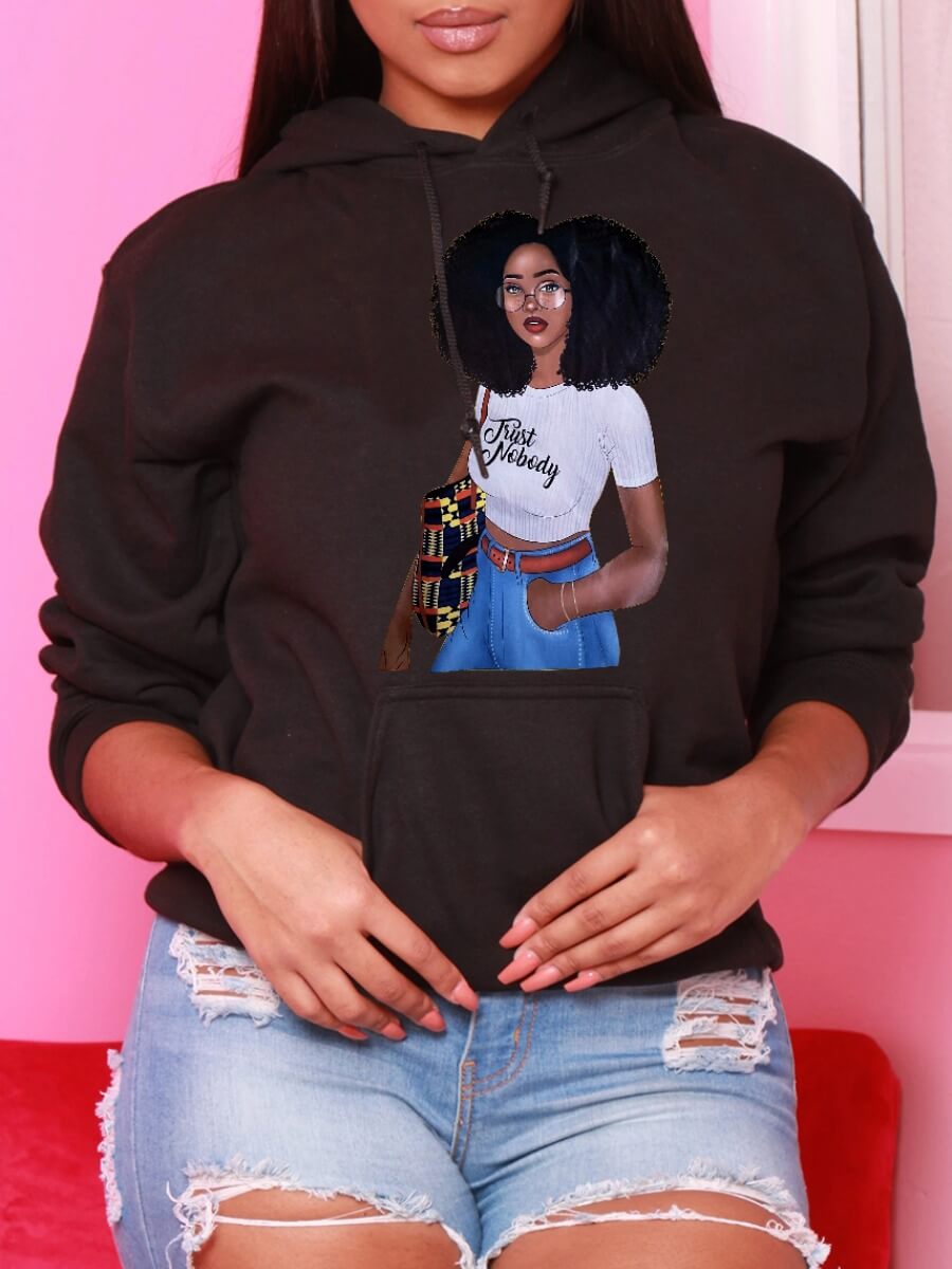 

Lovely Casual Hooded Collar Print Black Hoodie