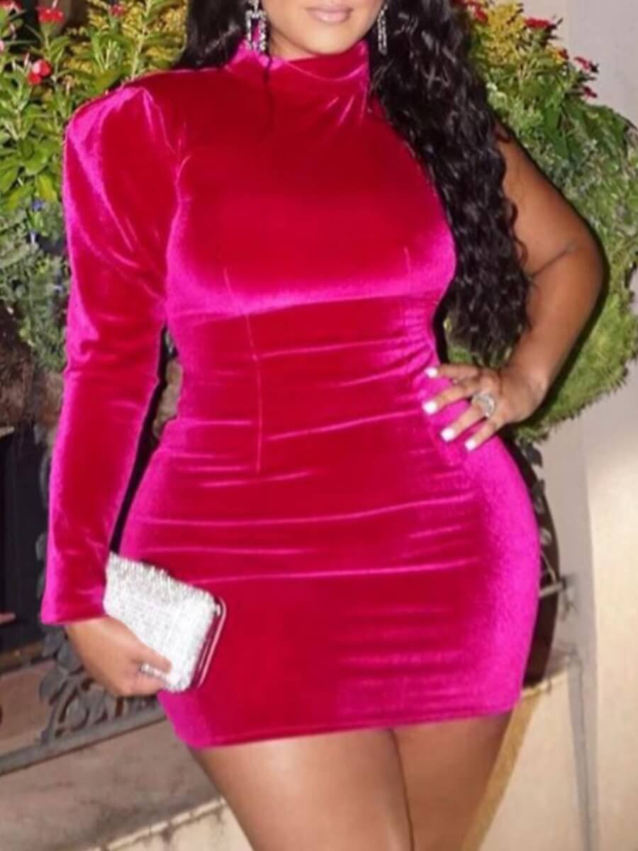 

Lovely Stylish Turtleneck One Shoulder Rose Mini Plus Size Dress