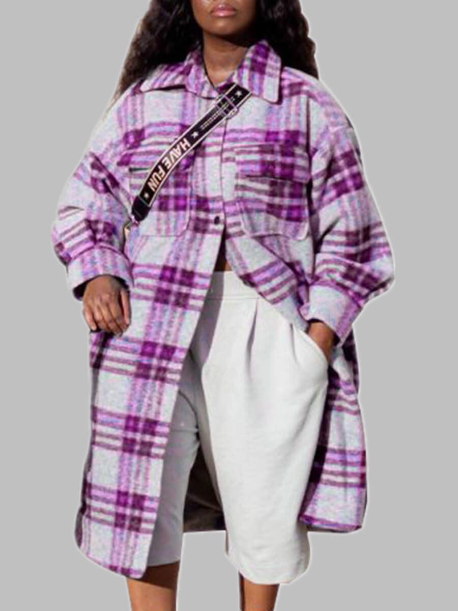 

Lovely Trendy Turndown Collar Grid Print Purple Trench Coat