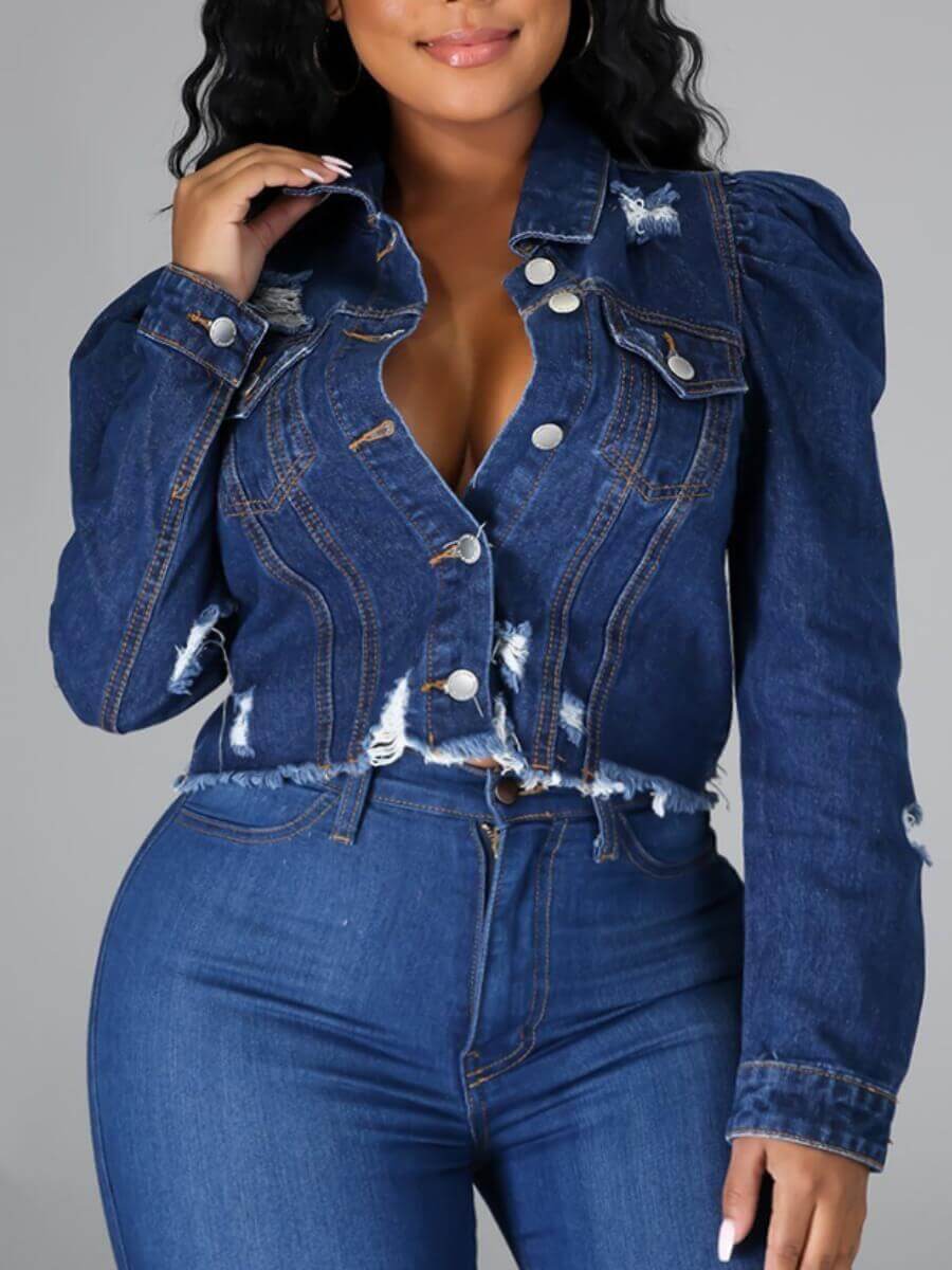 

Lovely Stylish Turndown Collar Buttons Design Deep Blue Plus Size Denim Jacket