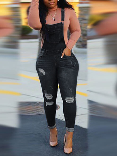 

Lovely Street Broken Holes Black Denim One-piece Jumpsuit