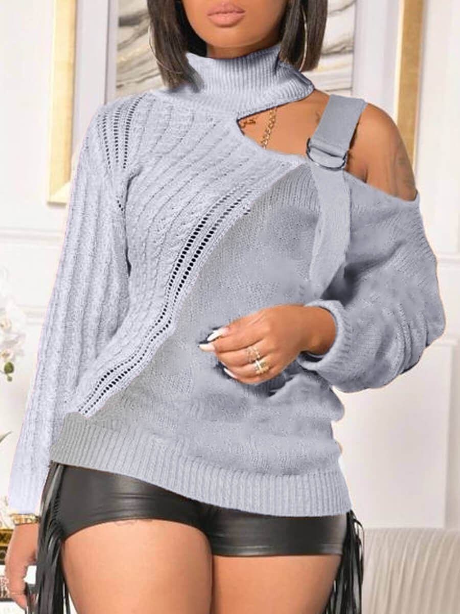 

Lovely Trendy Turtleneck Hollow-out Grey Sweater
