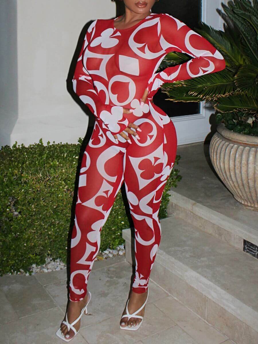 

Lovely Sexy O Neck Full Print Red One-piece Jumpsuit