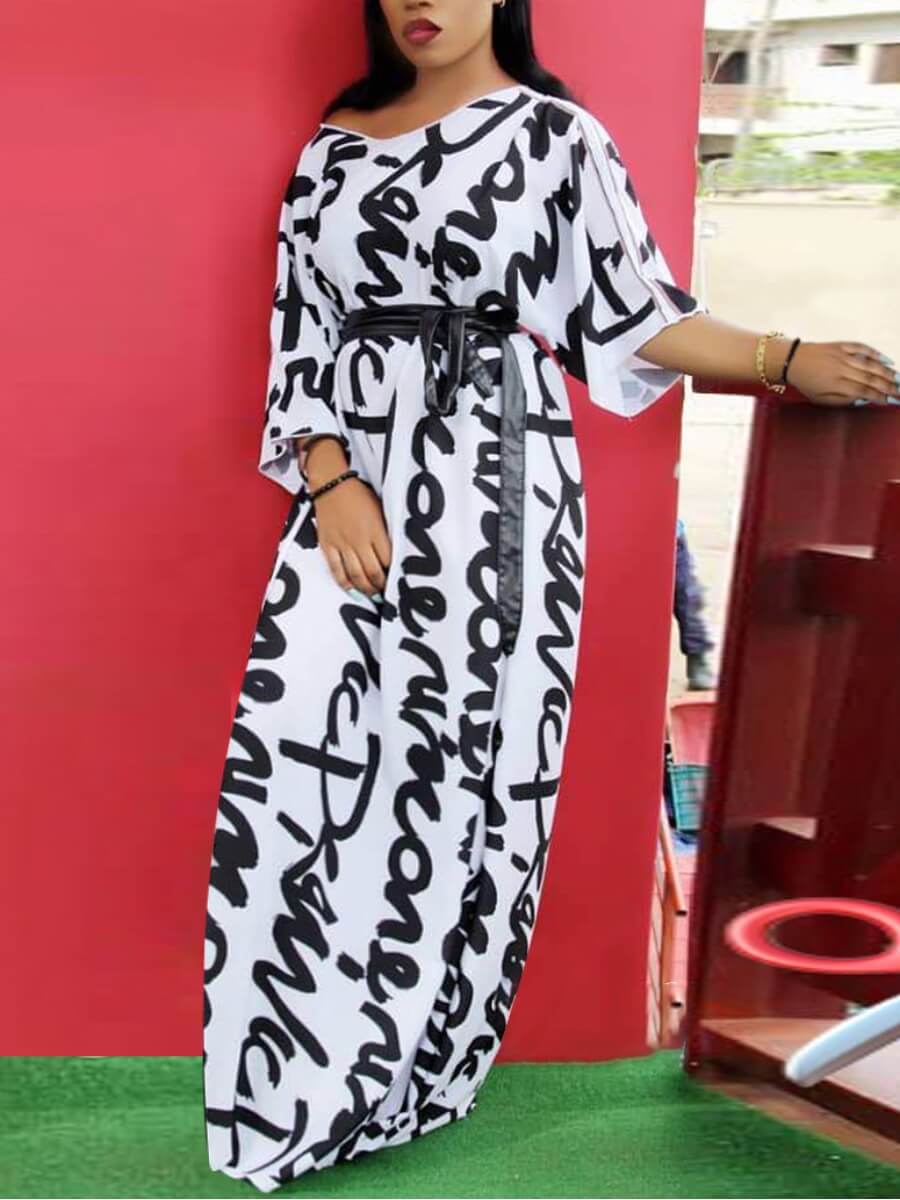 

Lovely Casual V Neck Letter Print White Maxi Dress