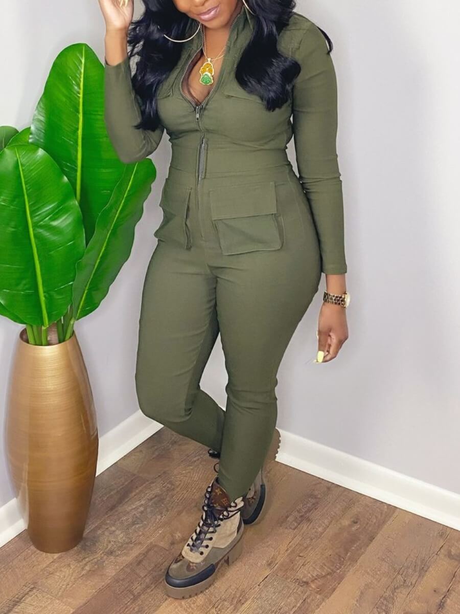 

Lovely Stylish Turndown Collar Pocket Patched Green One-piece Jumpsuit